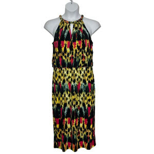 Women's size 14 sleeveless vibrant pink, multi colored midi polyester dress